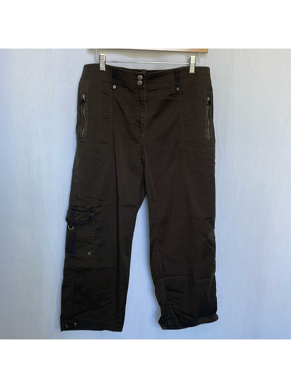 Chico's Women Cargo Pants Size L Olive Green Casual Pockets Cropped Lightweight
